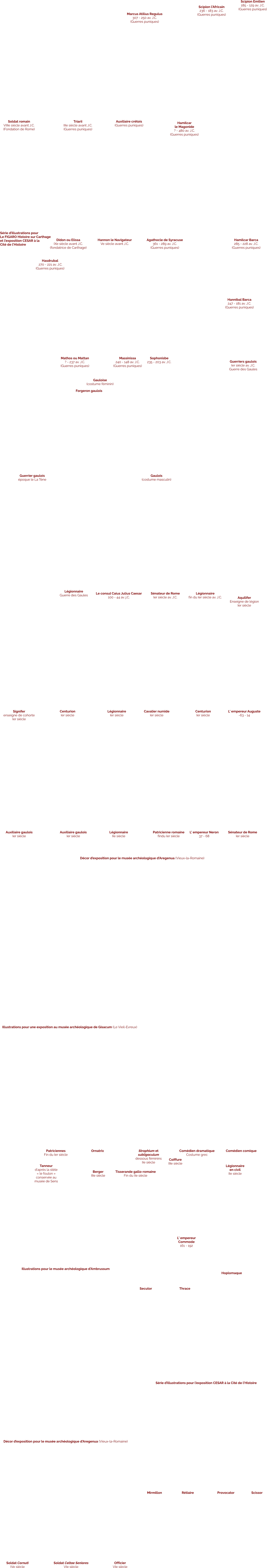Soldat romain  VIIIe siècle avant J.C. (Fondation de Rome) Triarii IIIe siècle avant J.C. (Guerres puniques)   Auxiliaire crétois (Guerres puniques)   Marcus Atilius Regulus 307 - 250 av. J.C. (Guerres puniques)   Scipion l’Africain 236 - 183 av. J.C. (Guerres puniques)   Scipion Emilien 185 - 129 av. J.C. (Guerres puniques)   Didon ou Elissa IXe siècle avant J.C. (fondatrice de Carthage)   Hannon le Navigateur Ve siècle avant J.C.   Agathocle de Syracuse 361 - 289 av. J.C. (Guerres puniques)    Hamilcar le Magonide ? - 480 av. J.C. (Guerres puniques)    Hamilcar Barca 285 - 228 av. J.C. (Guerres puniques)     Hannibal Barca 247 - 181 av. J.C. (Guerres puniques)     Hasdrubal  270 - 221 av. J.C. (Guerres puniques)   Mathos ou Mattan ? - 237 av. J.C. (Guerres puniques)   Massinissa 240 - 148 av. J.C. (Guerres puniques)  Sophonisbe 235 - 203 av. J.C. Guerrier gaulois époque le La Tène  Forgeron gaulois Gauloise (costume féminin) Gaulois (costume masculin) Guerriers gaulois Ier siècle av. J.C. Guerre des Gaules  Légionnaire Guerre des Gaules  Le consul Caius Julius Caesar 100 - 44 av. j.C. Sénateur de Rome Ier siècle av. J.C. Légionnaire fin du Ier siècle av. J.C.  Aquilifer Enseigne de légion Ier siècle  Signifer enseigne de cohorte Ier siècle   Centurion Ier siècle Centurion Ier siècle Légionnaire Ier siècle Cavalier numide Ier siècle  L’ empereur Auguste -63 - 14 Auxiliaire gaulois Ier siècle  Auxiliaire gaulois Ier siècle  Légionnaire IIe siècle  Patricienne romaine findu Ier siècle  L’ empereur Neron 37 - 68 Sénateur de Rome Ier siècle Patriciennes Fin du Ier siècle  Ornatrix Strophium et  subligaculum dessous féminins IIe siècle  Comédien dramatique Costume grec  Comédien comique Tanneur d’après la stèle « le foulon » conservée au musée de Sens  Berger IIIe siècle   Tisserande gallo-romaine Fin du IIe siècle  L’ empereur Commode 161 - 192  Coiffure IIIe siècle Illustrations pour le musée archéologique d’Ambrussum Décor d’exposition pour le musée archéologique d’Aregenua (Vieux-la-Romaine) Décor d’exposition pour le musée archéologique d’Aregenua (Vieux-la-Romaine) Série d’illustrations pour  Le FIGARO Histoire sur Carthage et l’exposition CESAR à la  Cité de l’Histoire Légionnaire en civil IIe siècle Illustrations pour une exposition au musée archéologique de Gisacum (Le Vieil-Evreux)  Série d’illustrations pour l’exposition CESAR à la Cité de l’Histoire Secutor Thrace Hoplomaque Provocator Scissor Rétiaire  Mirmillon Soldat Cornuti IVe siècle Soldat Celtae Seniores VIe siècle Officier VIe siècle